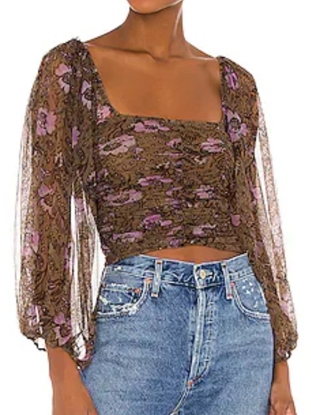 Free People Lilia in Olive Combo and Purple Sheer Puff-Sleeve Crop Top